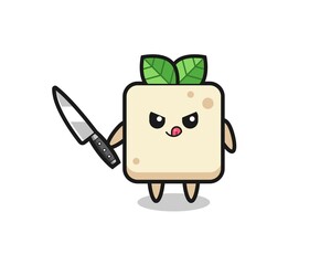 cute tofu mascot as a psychopath holding a knife