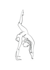 Yoga pose silhouettes of woman continuous line drawing, girl practicing yoga single line on white background, isolated vector black and white illustration.