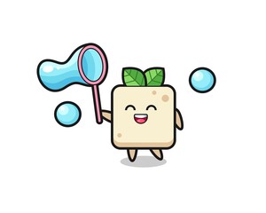 happy tofu cartoon playing soap bubble