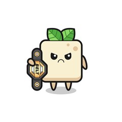 tofu mascot character as a MMA fighter with the champion belt
