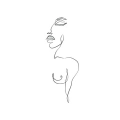Woman body abstract silhouette, continuous line drawing, small tattoo, print for clothes and logo design, emblem or logo design, isolated vector illustration.
