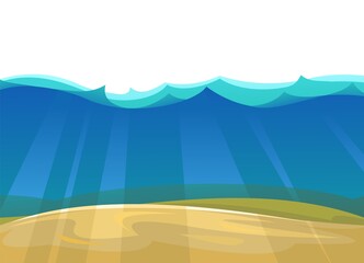 Sandy bottom of the reservoir. Blue transparent clear water. Sea ocean. Underwater landscape. Isolated. Illustration in cartoon style. Flat design. Vector art