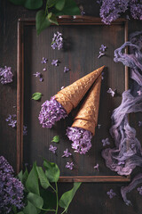 Unique ice cream of lilac flowers. Flower flavour ice cream.