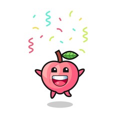 happy peach mascot jumping for congratulation with colour confetti