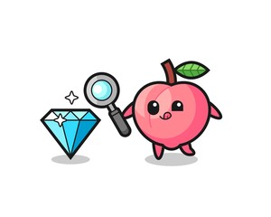 peach mascot is checking the authenticity of a diamond