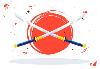 Vector illustration of two Japanese samurai swords on the background of the red sun of the flag of Japan, katana