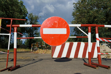 road sign - traffic is prohibited and road works, the road is closed for maintenance