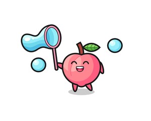 happy peach cartoon playing soap bubble