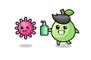 illustration of guava character chasing evil virus with hand sanitizer