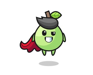 the cute guava character as a flying superhero