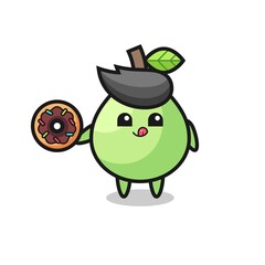 illustration of an guava character eating a doughnut