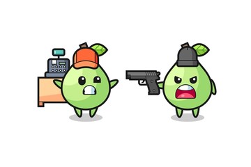 illustration of the cute guava as a cashier is pointed a gun by a robber