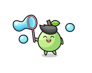 happy guava cartoon playing soap bubble