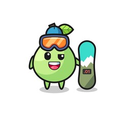 Illustration of guava character with snowboarding style