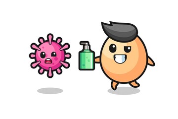 illustration of egg character chasing evil virus with hand sanitizer