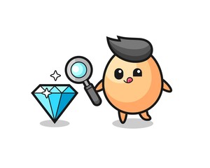 egg mascot is checking the authenticity of a diamond