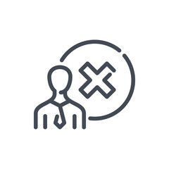 Business person with cancel cross in circle line icon. Cancellation and rejection of person vector outline sign.