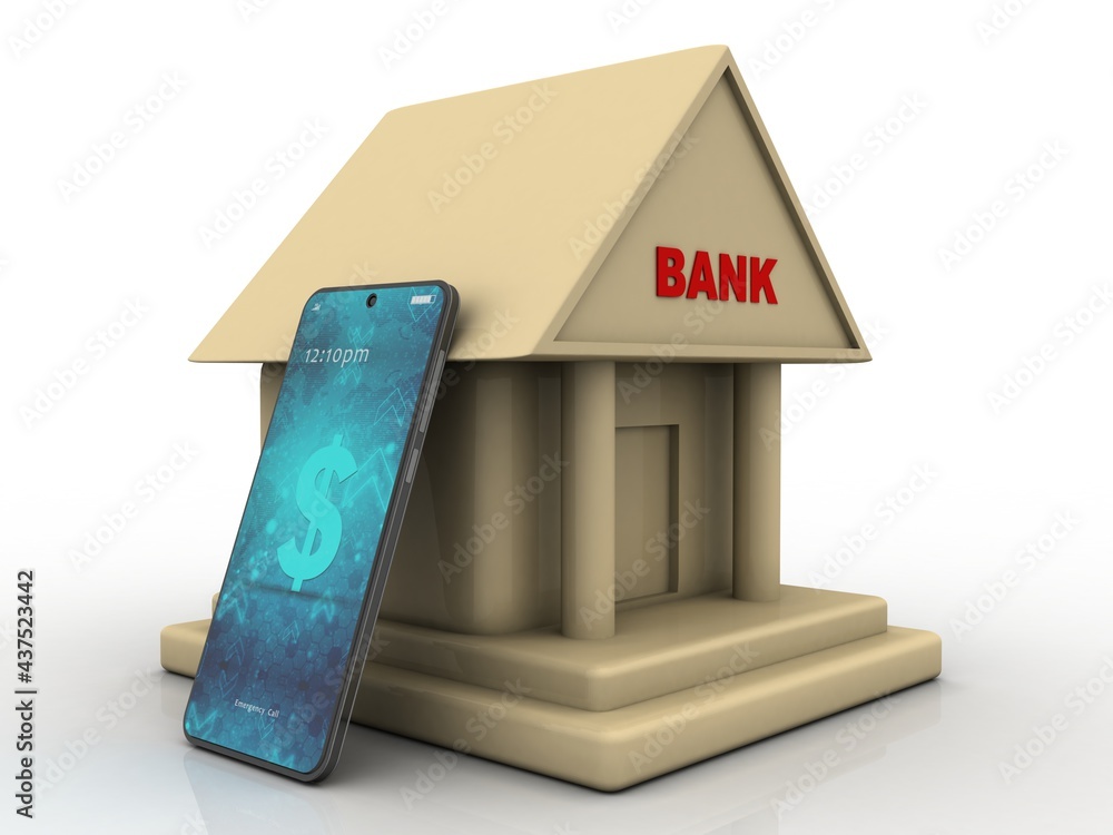 Poster 3d rendering build bank with mobile