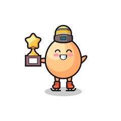 egg cartoon as an ice skating player hold winner trophy