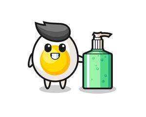 cute boiled egg cartoon with hand sanitizer