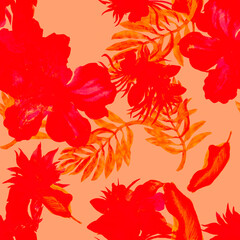 Fototapeta na wymiar Scarlet Watercolor Backdrop. Rusty Flower Design. Red Seamless Wallpaper. Coral Pattern Backdrop. Pink Tropical Jungle. Isolated Print. Fashion Decor.
