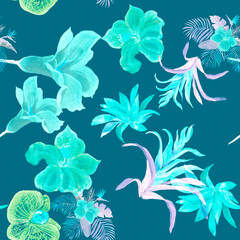 Fototapeta na wymiar Mint Color Hibiscus Garden. Turquoise Flower Decor. Green Watercolor Texture. Floral Plant. Seamless Garden. Pattern Illustration. Tropical Painting.Art Backdrop