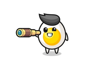 cute boiled egg character is holding an old telescope