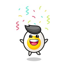 happy boiled egg mascot jumping for congratulation with colour confetti