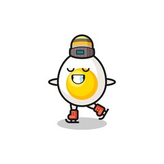 boiled egg cartoon as an ice skating player hold winner trophy