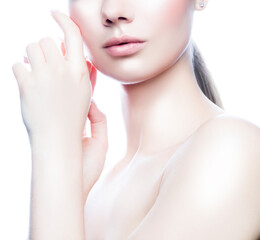 Naklejka premium Lips, beauty partial portrait of model woman with hands on face perfect skin, natural makeup. Skincare facial treatment concept