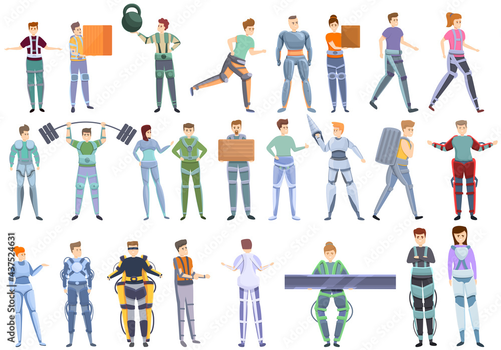Poster exoskeleton icons set. cartoon set of exoskeleton vector icons for web design