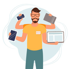 The multi-armed male manager shows the phone,laptop, tablet. People and gadgets, eletronics. Vector illustration in flat style.