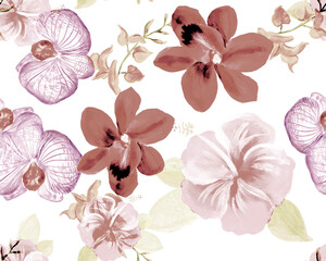 Brown Botanical Garden. Purple Orchid Plant. Gray Hibiscus Design. Colorless Flower Plant. Watercolor Print. Seamless Wallpaper. Pattern Set.