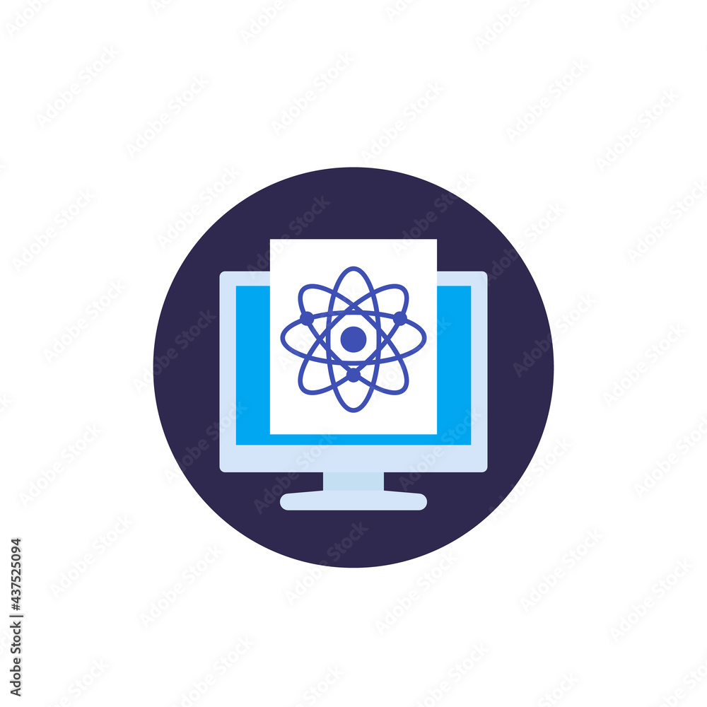 Poster atom icon with computer, vector