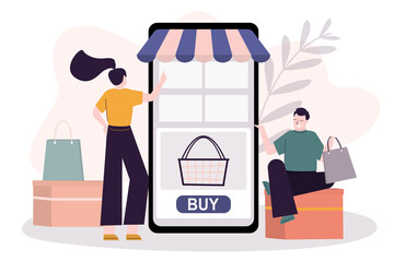 Customer chooses goods in online store. People buy different products through mobile app. Shopping application on smartphone screen. E-commerce and e-shop