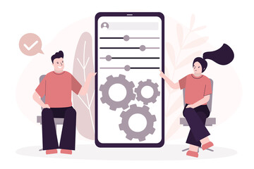 Employees users customize settings on phone screen. Phone screen with users personal page. User interface customization, programming