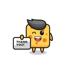 the mascot of the cheese holding a banner that says thank you