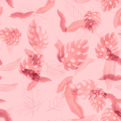 Coral Monstera Pattern Texture. White Seamless Backdrop. Pink Watercolor Leaves. Tropical Textile. Floral Jungle. Summer Design. Vintage Monstera. Art Monstera.