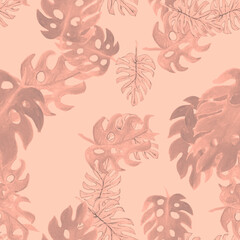 Pink Monstera Design. Coral Seamless Decor. Fuchsia Tropical Background. Pattern Leaves. Watercolor Design. Floral Painting. Summer Leaf. Isolated Background.
