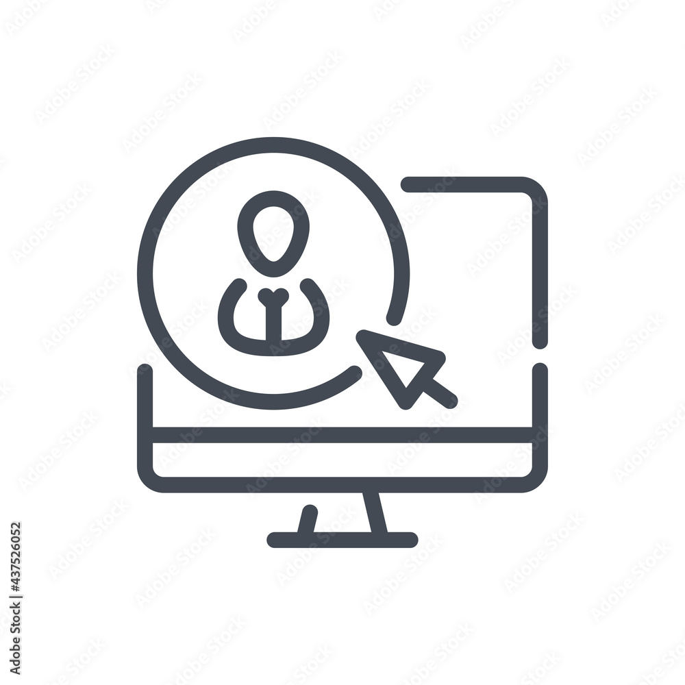 Poster search for employees online line icon. computer with person in circle and pointer arrow vector outli