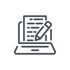 Online document and blog writing line icon. Laptop with documentation and pencil vector outline sign. - obrazy, fototapety, plakaty