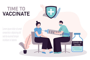 Male medical worker injecting woman against covid-19. Tube with drug from coronavirus. Time to vaccinate, landing page template