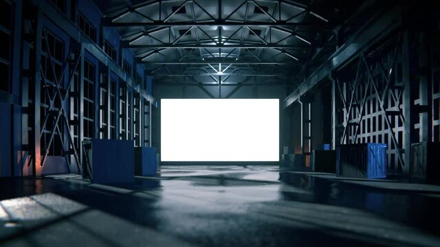 3d rendering of dark empty factory interior or warehouse with glowing white screen in the middle. 