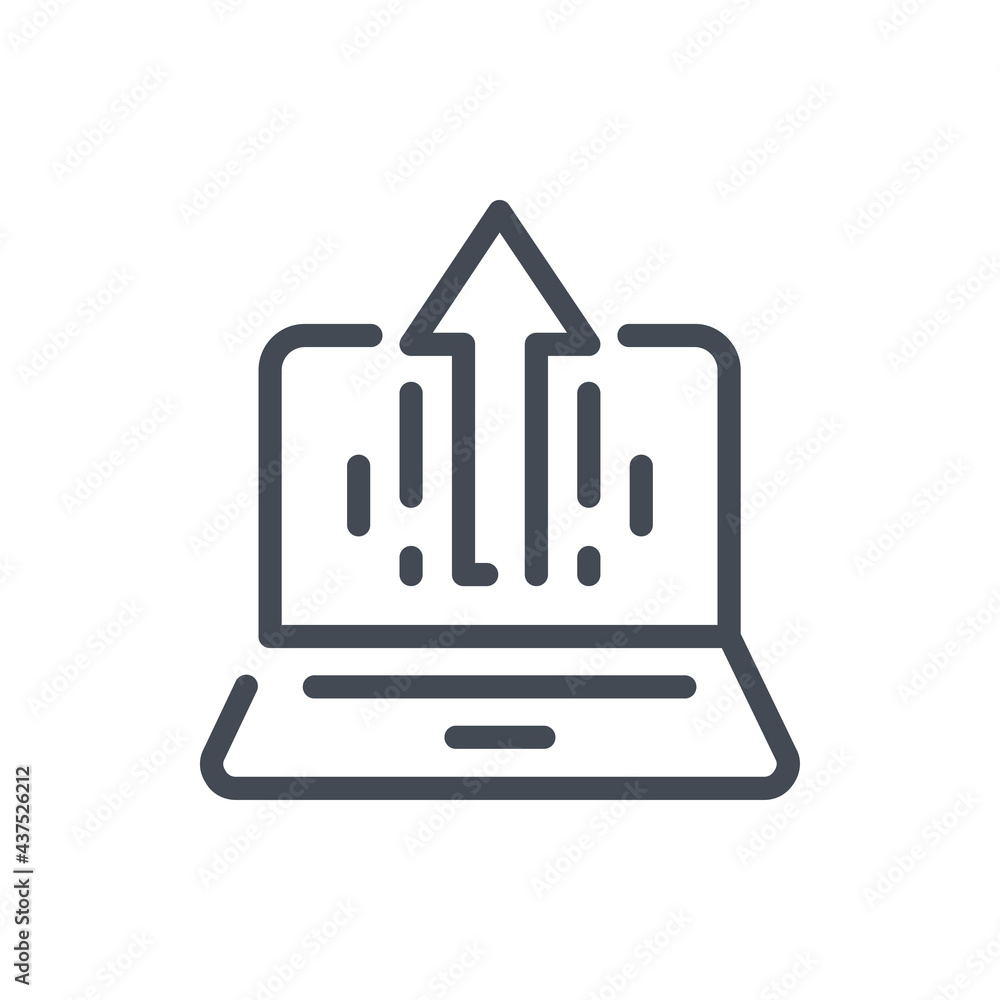 Poster laptop with arrow up line icon. upload files from computer vector outline sign.