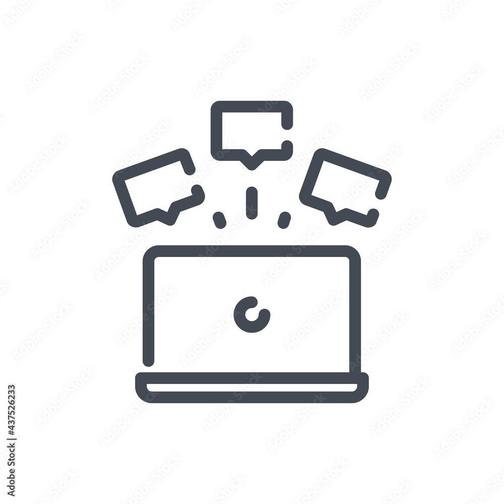 Poster laptop with spam messages line icon. computer with pop up notifications vector outline sign.