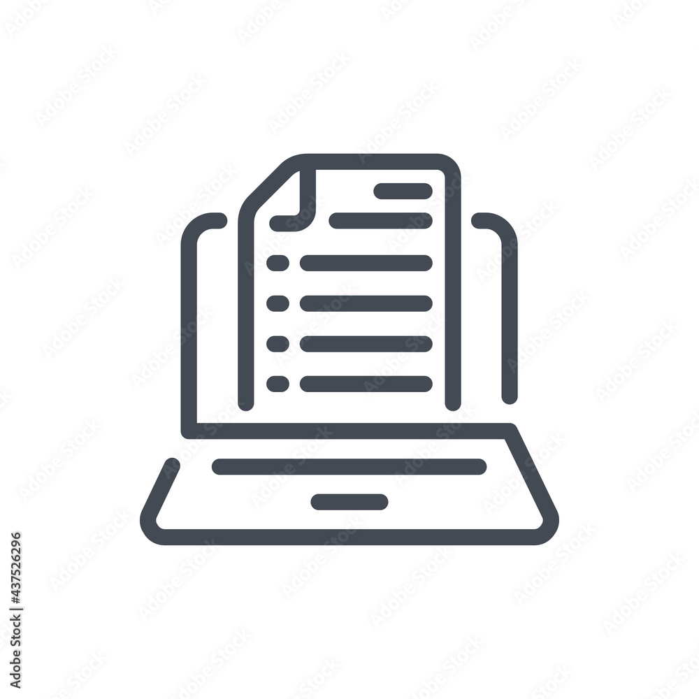 Poster online documentation and web blog line icon. laptop with document vector outline sign.