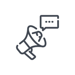 Megaphone with chat box line icon. Loudspeaker, bullhorn with message vector outline sign.