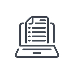 Online documentation and web blog line icon. Laptop with document vector outline sign. - obrazy, fototapety, plakaty