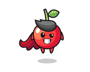 the cute cherry character as a flying superhero