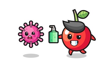 illustration of cherry character chasing evil virus with hand sanitizer